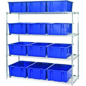 The Quantum Bin Wire Shelving System measures 66L x 24D x 63H and includes four shelves with a load capacity of 800 lbs each, perfectly holding 12 SNT225 blue containers. It features a chrome-plated finish and ships KD for seamless organization in any space.