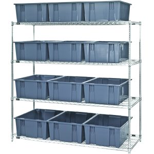 The Quantum Bin Wire Shelving System, measuring 66L x 24D x 63H with a chrome plated finish, features four shelves, each holding up to 800 lbs. It includes twelve SNT225 gray containers and is shipped KD, offering a sleek yet functional solution for your storage needs.