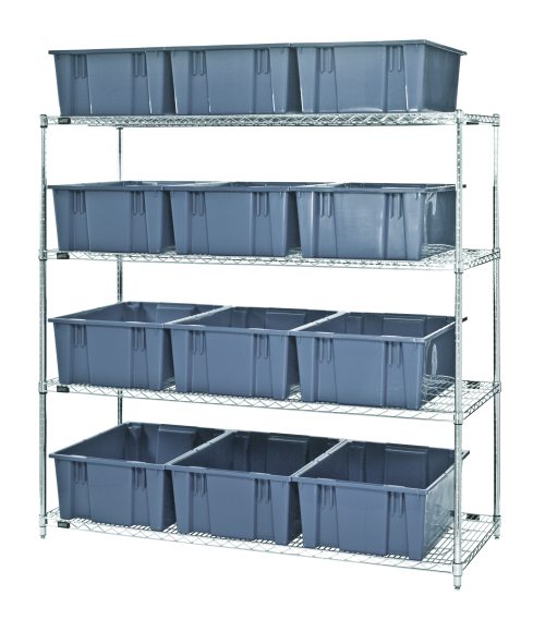 The Quantum Bin Wire Shelving System, measuring 66L x 24D x 63H with a chrome plated finish, features four shelves, each holding up to 800 lbs. It includes twelve SNT225 gray containers and is shipped KD, offering a sleek yet functional solution for your storage needs.