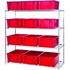 The Quantum Bin Wire Shelving System measures 66L x 24D x 63H, with a load capacity of 800 lbs per shelf. It features a chrome-plated finish, includes four shelves and twelve Snt225 red containers, and is shipped KD. The sleek unit offers tidy storage on its silver wireframe against a white backdrop.