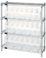 Introducing the Quantum Bin Wire Shelving Center with a chrome-plated finish, featuring four sturdy shelves, each with an 800 lbs capacity. It includes 21 clear Qsb801 bins, perfect for organization against a plain white background. Dimensions: 12D X 36W X 39H and shipped knocked down.
