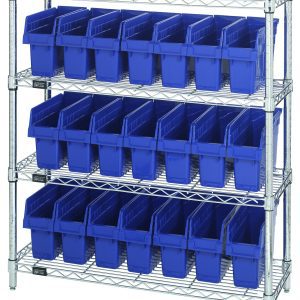 The Quantum Bin Wire Shelving Center boasts a chrome-plated finish with 800 lbs capacity per shelf, featuring four tiers and 21 Qsb801 blue bins. Measuring 12D x 36W x 39H, its perfect for neat organization against a pristine white backdrop. Shipped KD.