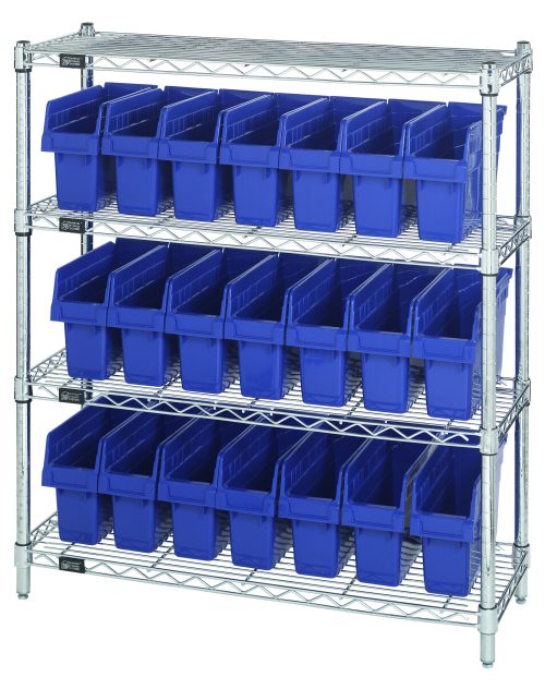 The Quantum Bin Wire Shelving Center boasts a chrome-plated finish with 800 lbs capacity per shelf, featuring four tiers and 21 Qsb801 blue bins. Measuring 12D x 36W x 39H, its perfect for neat organization against a pristine white backdrop. Shipped KD.