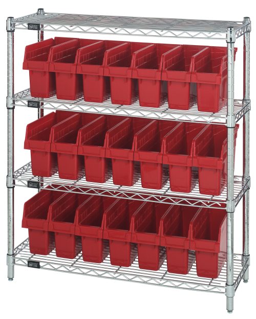 The Quantum Bin Wire Shelving Center is a chrome-plated, metal unit with four levels and 21 red Qsb801 bins. It measures 12D x 36W x 39H, has an 800 lbs capacity per shelf, and ships KD for easy assembly—perfect for organizing your space with its industrial design.