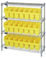 The Quantum Bin Wire Shelving Center, 12D x 36W x 39H, chrome-plated with a capacity of 800 lbs per shelf, is pictured against a white backdrop filled with rows of yellow QSB801 bins. It features four shelves and ships KD for easy assembly.