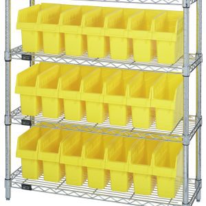 The Quantum Bin Wire Shelving Center, 12D x 36W x 39H, chrome-plated with a capacity of 800 lbs per shelf, is pictured against a white backdrop filled with rows of yellow QSB801 bins. It features four shelves and ships KD for easy assembly.