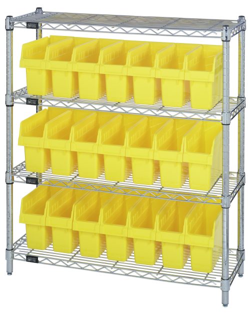 The Quantum Bin Wire Shelving Center, 12D x 36W x 39H, chrome-plated with a capacity of 800 lbs per shelf, is pictured against a white backdrop filled with rows of yellow QSB801 bins. It features four shelves and ships KD for easy assembly.