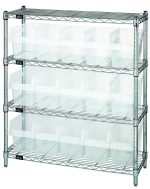 The Quantum Bin Wire Shelving Center, shipped KD, has a chrome-plated four-tier frame measuring 12D x 36W x 39H. It includes (4) shelves and (15) QSB802 clear bins with an 800 lbs capacity per shelf.