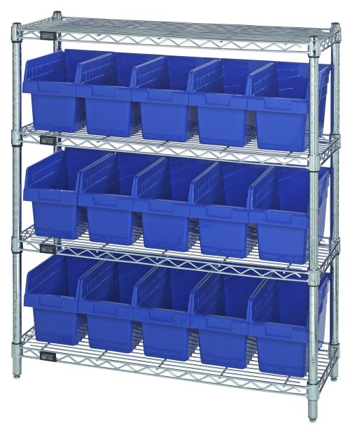 The Quantum Bin Wire Shelving Center features a chrome-plated finish and consists of four 12D x 36W x 39H shelves, each with an 800 lbs capacity, arranged with five QSB802 blue bins per shelf, against a white background. It ships knocked down (KD).