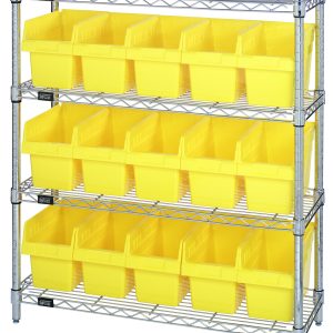 The Quantum Bin Wire Shelving Center features a chrome-plated, four-tier, 12D x 36W x 39H design with a sleek silver wire frame. It includes four shelves and 15 QSB802 yellow bins arranged in three rows, each shelf supporting up to 800 lbs.