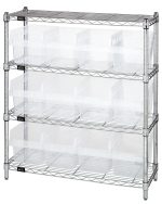 Check out the Quantum Bin Wire Shelving Center, with four shelves holding 800 lbs each and 12 clear bins. It measures 12D x 36W x 39H, features a chrome-plated finish, ships KD, and offers easy access and stability on adjustable feet.