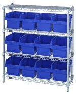 The Quantum Bin Wire Shelving Center, measuring 12D x 36W x 39H, holds up to 800 lbs per shelf and includes a chrome plated finish with four shelves. It accommodates twelve QSB807 blue bins (five on the lower three shelves, four on top) and ships KD for easy assembly.