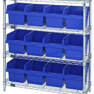 The Quantum Bin Wire Shelving Center, measuring 12D x 36W x 39H, holds up to 800 lbs per shelf and includes a chrome plated finish with four shelves. It accommodates twelve QSB807 blue bins (five on the lower three shelves, four on top) and ships KD for easy assembly.