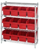 The Quantum Bin Wire Shelving Center, 12D x 36W x 39H, features a chrome-plated finish with four grid-design shelves, each holding up to 800 lbs. It includes twelve QSB807 red bins and is shipped KD for organized garage or workshop storage.