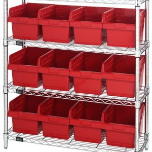 The Quantum Bin Wire Shelving Center, 12D x 36W x 39H, features a chrome-plated finish with four grid-design shelves, each holding up to 800 lbs. It includes twelve QSB807 red bins and is shipped KD for organized garage or workshop storage.