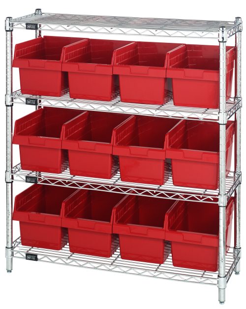 The Quantum Bin Wire Shelving Center, 12D x 36W x 39H, features a chrome-plated finish with four grid-design shelves, each holding up to 800 lbs. It includes twelve QSB807 red bins and is shipped KD for organized garage or workshop storage.