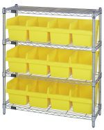The Quantum Bin Wire Shelving Center, measuring 12D x 36W x 39H, features four shelves that hold 12 QSB807 yellow bins each. With an 800 lbs capacity per shelf and a chrome-plated finish, it arrives KD for easy assembly.