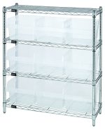 The Quantum Bin Wire Shelving Center has a chrome-plated finish, measures 12D x 36W x 39H, and includes four shelves supporting up to 800 lbs each. It comes with nine clear QSB809 bins for efficient storage.