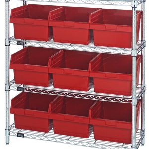The Quantum Bin Wire Shelving Center, 12D x 36W x 39H, holds up to 800 lbs per shelf. It includes (4) shelves and (9) QSB809 red bins and is finished in chrome. The unit ships conveniently KD.