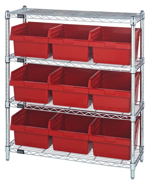The Quantum Bin Wire Shelving Center, 12D x 36W x 39H, holds up to 800 lbs per shelf. It includes (4) shelves and (9) QSB809 red bins and is finished in chrome. The unit ships conveniently KD.