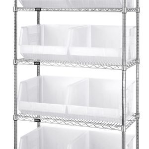 The Quantum Bin Wire Shelving System features five 42L x 18W x 74H shelves, eight QUS270 clear bins, each shelf holding up to 800 lbs. It has a chrome-plated finish and ships KD.