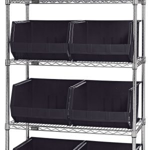 The Quantum Bin Wire Shelving System, 42L x 18W x 74H, boasts a chrome-plated finish and accommodates up to 800 lbs per shelf. It includes five shelves with eight QUS270 black bins for versatile storage and is shipped KD.