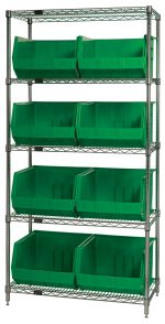 The Quantum Bin Wire Shelving System measures 42L x 18W x 74H and features a chrome-plated finish with five shelves, each holding up to 800 lbs. It includes eight green QUS270 bins for streamlined storage, providing effortless access through open fronts. Shipped KD.