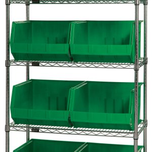 The Quantum Bin Wire Shelving System measures 42L x 18W x 74H and features a chrome-plated finish with five shelves, each holding up to 800 lbs. It includes eight green QUS270 bins for streamlined storage, providing effortless access through open fronts. Shipped KD.