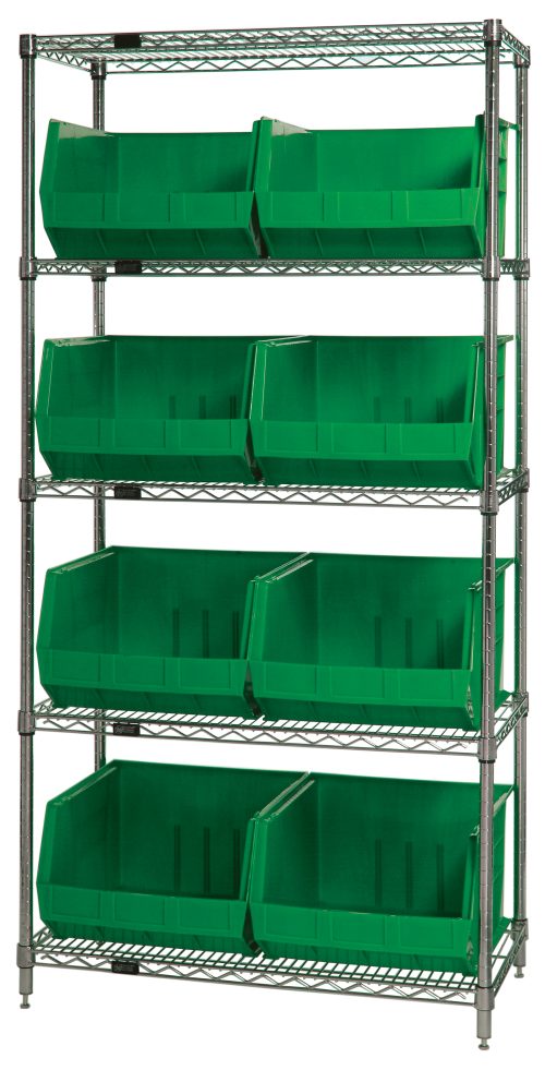 The Quantum Bin Wire Shelving System measures 42L x 18W x 74H and features a chrome-plated finish with five shelves, each holding up to 800 lbs. It includes eight green QUS270 bins for streamlined storage, providing effortless access through open fronts. Shipped KD.