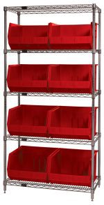 The Quantum Bin Wire Shelving System is 42L x 18W x 74H, with five shelves, each holding up to 800 lbs and equipped with eight evenly spaced QUS270 red bins open at the top for easy access, creating an organized setup. Chrome-plated finish and shipped KD.