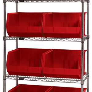 The Quantum Bin Wire Shelving System is 42L x 18W x 74H, with five shelves, each holding up to 800 lbs and equipped with eight evenly spaced QUS270 red bins open at the top for easy access, creating an organized setup. Chrome-plated finish and shipped KD.