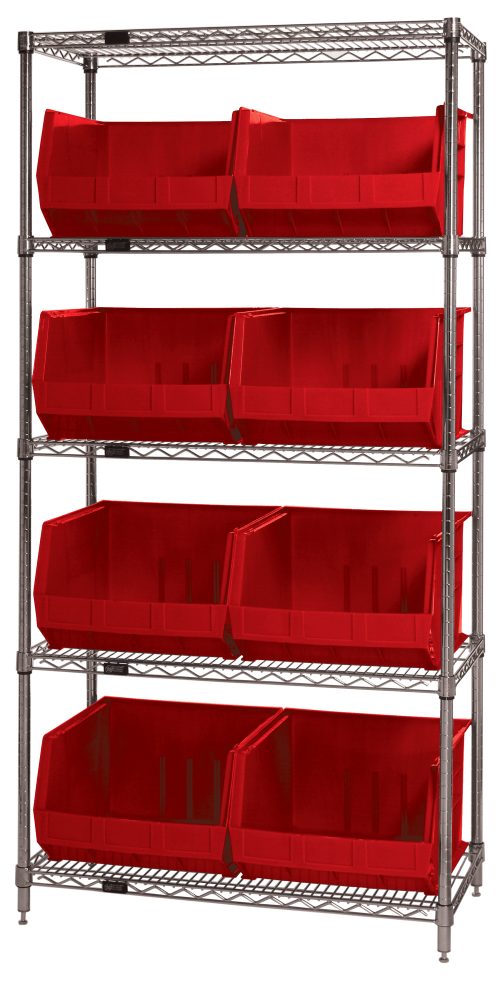 WR5-270_RD.jpg The Quantum Bin Wire Shelving System is 42L x 18W x 74H, with five shelves, each holding up to 800 lbs and equipped with eight evenly spaced QUS270 red bins open at the top for easy access, creating an organized setup. Chrome-plated finish and shipped KD.