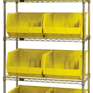 The Quantum Bin Wire Shelving System, measuring 42L x 18W x 74H, features (5) adjustable shelves supporting (8) QUS270 yellow bins. It offers an 800 lbs capacity per shelf and a chrome-plated finish. Each unit is shipped KD for easy assembly and organization in any space.