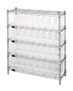 The Quantum Bin Wire Shelving Center, 12D x 36W x 39H, includes (5) shelves with an 800 lbs capacity each, (32) Qsb201 clear bins, and features a chrome-plated finish with a sturdy wire mesh design.