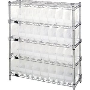 The Quantum Bin Wire Shelving Center, 12D x 36W x 39H, includes (5) shelves with an 800 lbs capacity each, (32) Qsb201 clear bins, and features a chrome-plated finish with a sturdy wire mesh design.