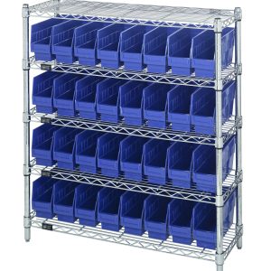 The Quantum Bin Wire Shelving Center, measuring 12D x 36W x 39H with a chrome-plated finish, includes five shelves and accommodates 32 QSB201 blue bins. Each shelf supports up to 800 lbs, providing ample and reliable storage for various needs.