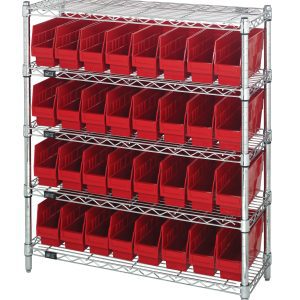 The Quantum Bin Wire Shelving Center, 12Dx36Wx39H, features a chrome-plated finish with five shelves supporting up to 800 lbs each. It includes 32 QSB201 red bins, arranged in three rows per shelf for optimal storage and is shipped KD.