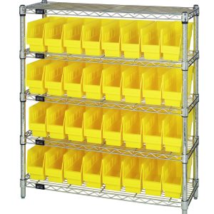 The Quantum Bin Wire Shelving Center, chrome-plated and shipped KD, measures 12D x 36W x 39H. It features five shelves, each holding up to 800 lbs, and includes 32 yellow QSB201 bins for organized storage.