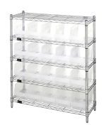 The Quantum Bin Wire Shelving Center, 12D x 36W x 39H, features a chrome-plated finish and is shipped KD. It includes five shelves with an 800 lbs capacity each and twenty QSB202 clear bins, arranged to enhance its industrial and functional design.
