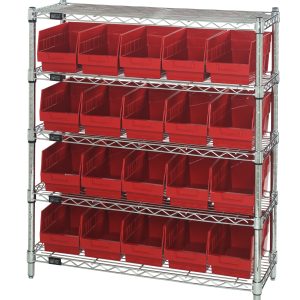 The Quantum Bin Wire Shelving Center, 12D x 36W x 39H, has a chrome-plated finish and includes five shelves and twenty QSB202 red bins. It is a KD shipment with an 800 lbs capacity per shelf, standing freestanding against a white background.