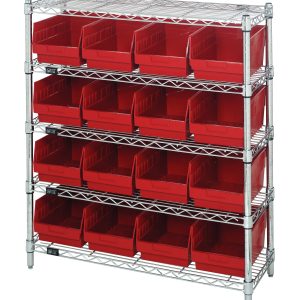 The Quantum Bin Wire Shelving Center features a chrome-plated design with five shelves and 16 open-front QSB207 red bins. Measuring 12D x 36W x 39H, each shelf holds up to 800 lbs. It ships KD for easy assembly, making it a perfect storage solution.