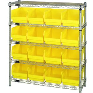 This tough Quantum Bin Wire Shelving Center includes five chrome-plated shelves, 16 QSB207 yellow bins, and measures 12D x 36W x 39H. With an 800 lbs capacity per shelf and shipped KD, it offers well-organized storage with a robust metal frame.