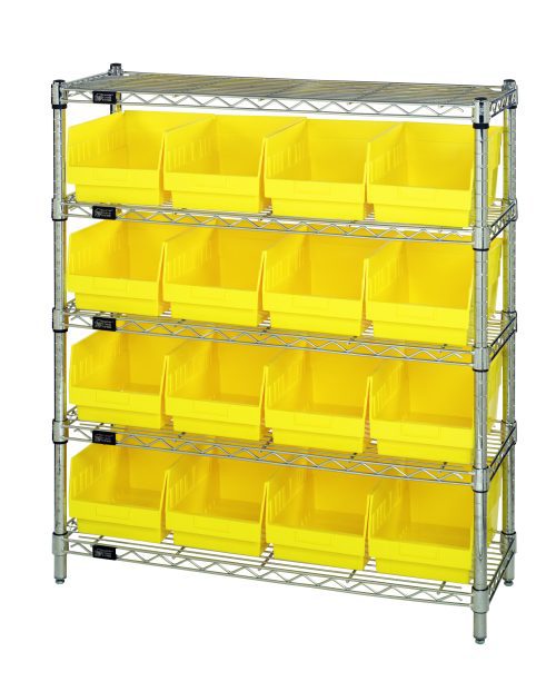 This tough Quantum Bin Wire Shelving Center includes five chrome-plated shelves, 16 QSB207 yellow bins, and measures 12D x 36W x 39H. With an 800 lbs capacity per shelf and shipped KD, it offers well-organized storage with a robust metal frame.
