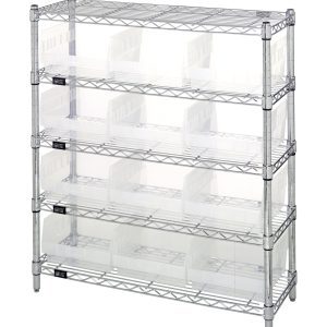 The Quantum Bin Wire Shelving Center is a durable, chrome-plated metal unit shipped KD. It features five shelves and twelve QSB209 clear bins, offering excellent airflow, visibility, and easy contents access with an 800 lbs capacity per shelf.
