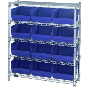 The Quantum Bin Wire Shelving Center features a chrome-plated finish with five shelves, each supporting up to 800 lbs, and includes twelve QSB209 blue bins. It measures 12D x 36W x 39H and is ideal for efficient item storage and organization.