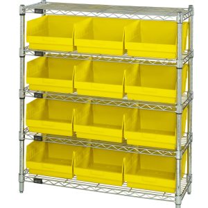 The Quantum Bin Wire Shelving Center, with a chrome-plated finish, includes five shelves and 12 QSB209 yellow bins. Each open-front bin ensures easy access for efficient organization and storage. The unit measures 12D x 36W x 39H and holds up to 800 lbs per shelf, shipped knocked down (KD).