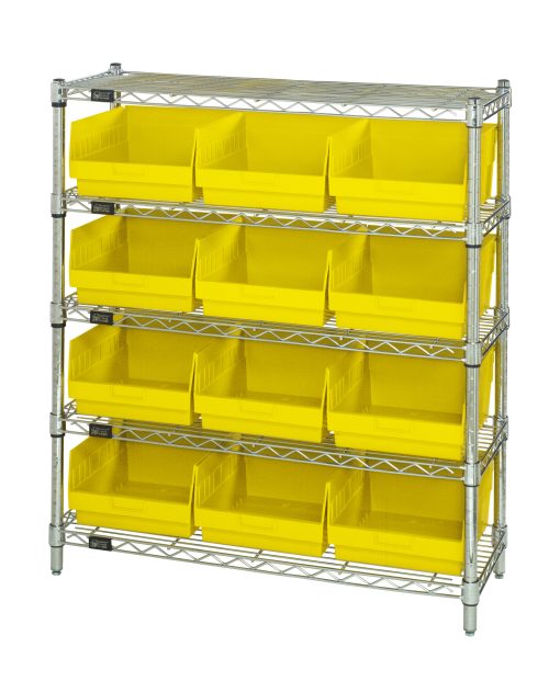 The Quantum Bin Wire Shelving Center, with a chrome-plated finish, includes five shelves and 12 QSB209 yellow bins. Each open-front bin ensures easy access for efficient organization and storage. The unit measures 12D x 36W x 39H and holds up to 800 lbs per shelf, shipped knocked down (KD).