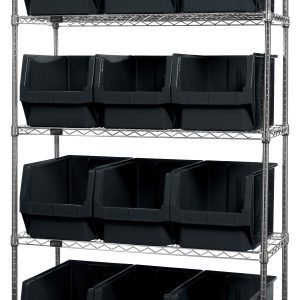 The Quantum Bin Wire Shelving System, measuring 42W x 18D x 74H with a chrome-plated finish, holds up to 800 lbs per shelf. It includes five shelves and twelve QMS533 large black bins on a pristine white background.