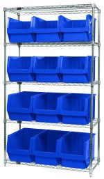 The Quantum Bin Wire Shelving System measures 42W x 18D x 74H and includes five chrome-plated shelves, each with an 800 lbs load capacity. It features twelve QMS533 blue open-front bins for easy access, offering a durable, industrial design.