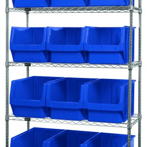 The Quantum Bin Wire Shelving System measures 42W x 18D x 74H and includes five chrome-plated shelves, each with an 800 lbs load capacity. It features twelve QMS533 blue open-front bins for easy access, offering a durable, industrial design.